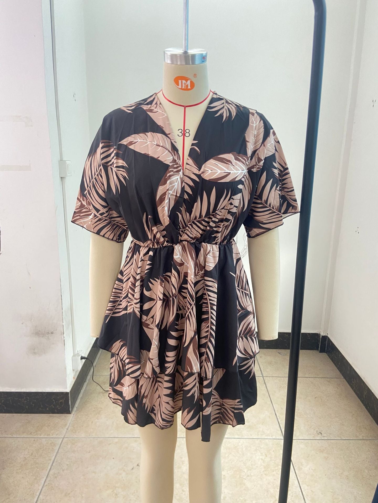 Autumn V-Neck Loose Bat Sleeves Print Dress Women's Clothing 22