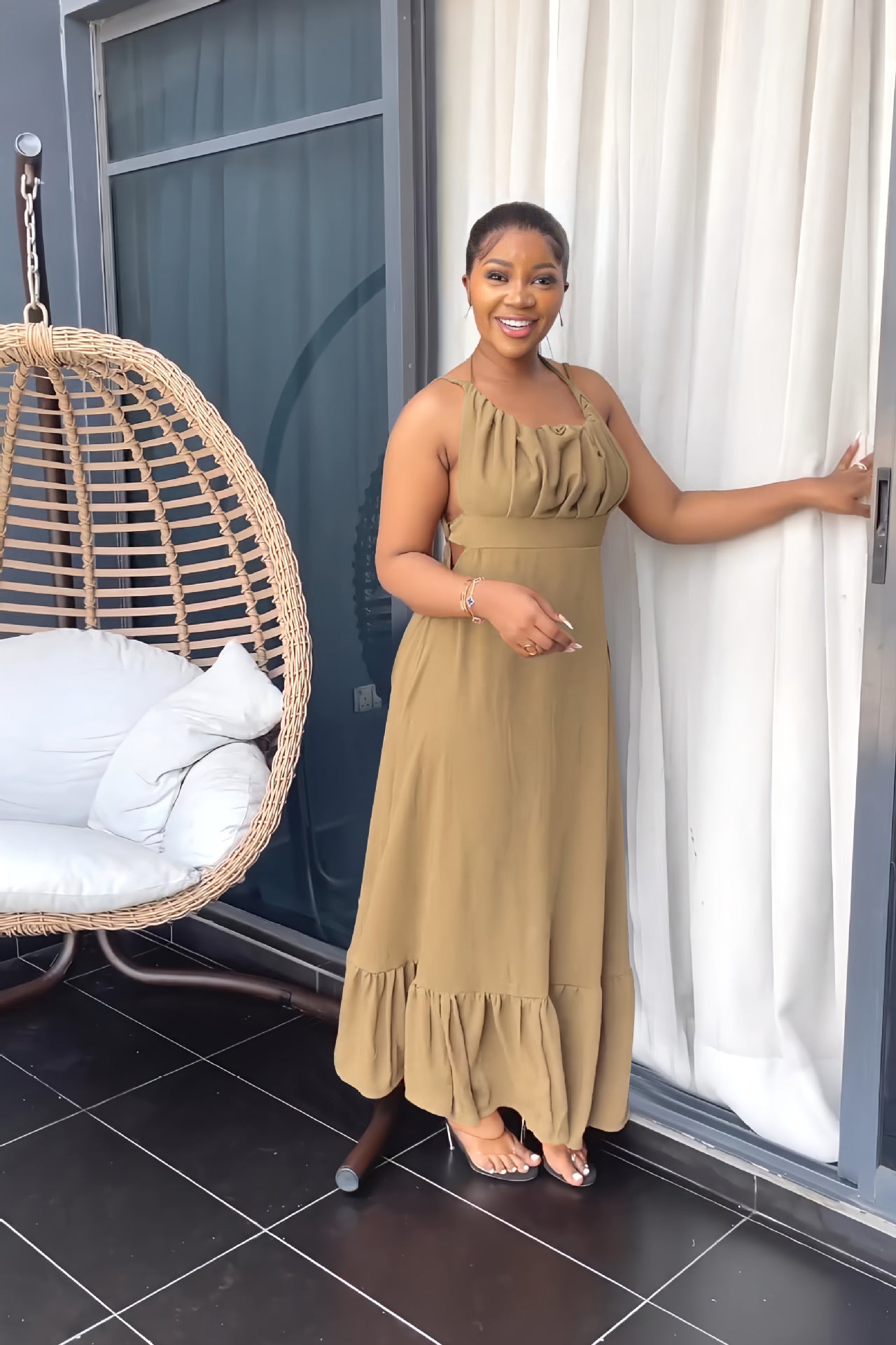 Women Sexy Backless Strappy Elegant Ruffle Dress 6