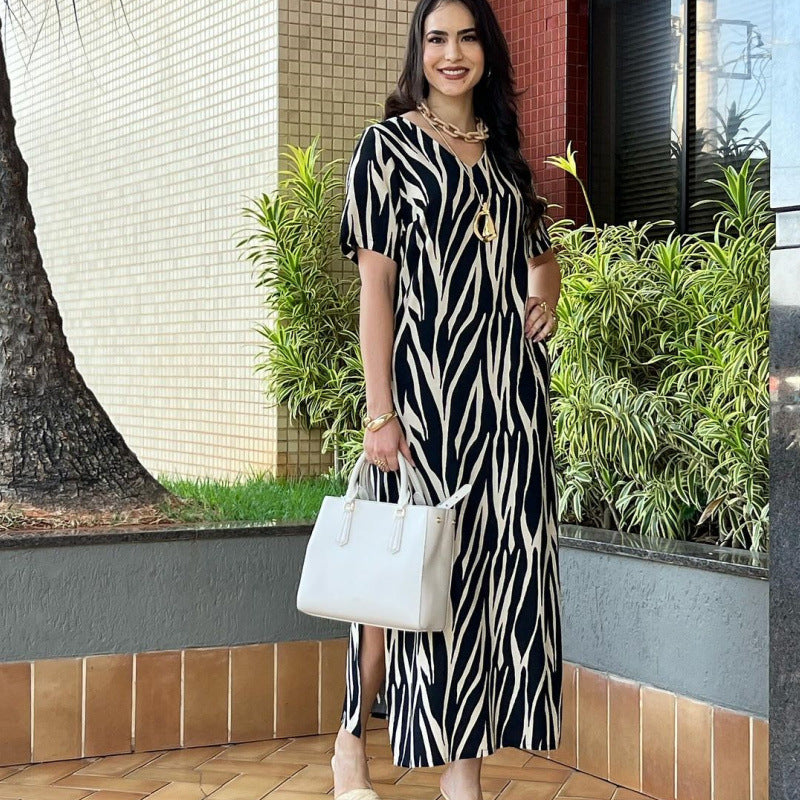 Women Elegant Printed Short Sleeve V-Neck Slit Dress 4