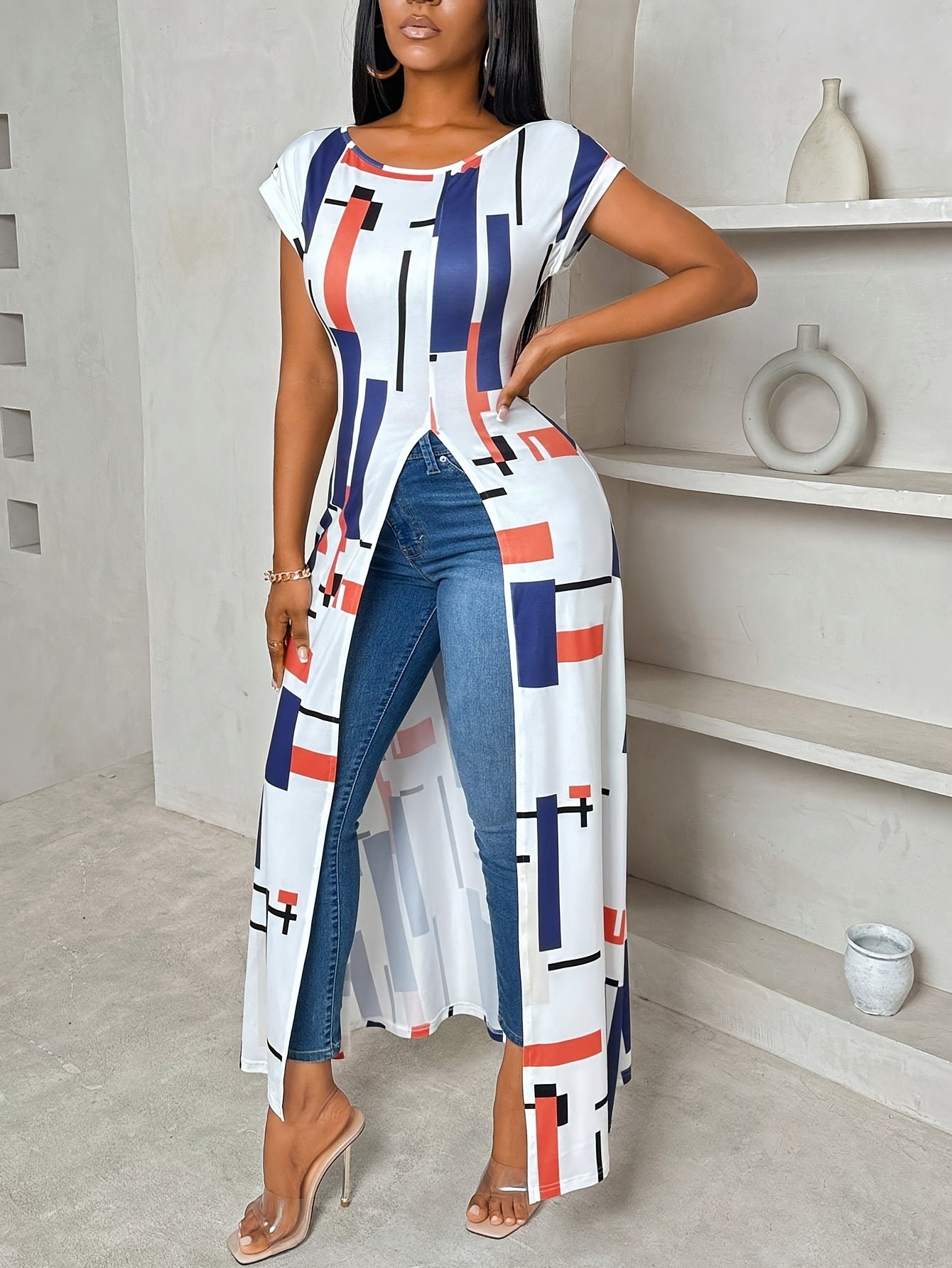 Casual Printed Short Sleeve slit Dress 7