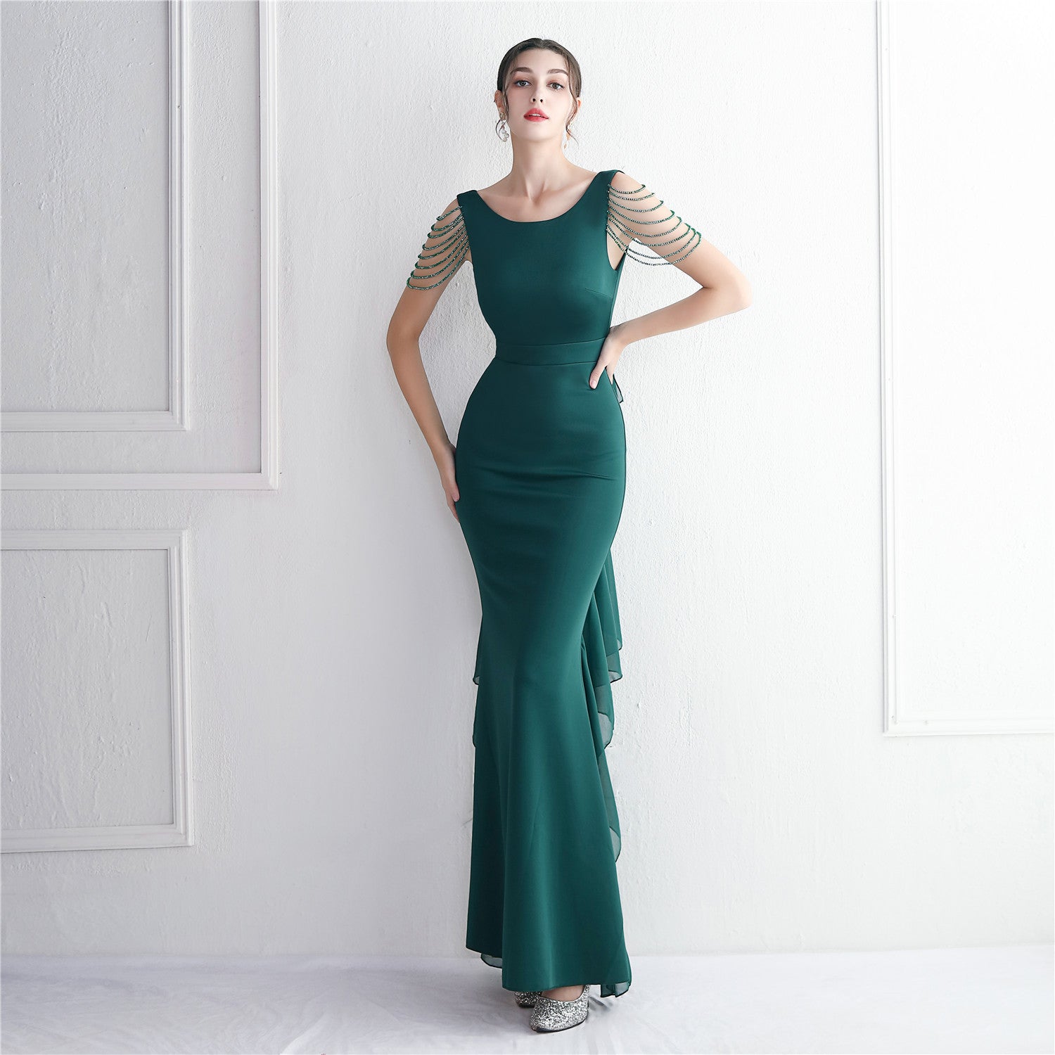 Chiffon Satin Beaded Long Formal Party Slim Evening Dress Chic Elegant Long Annual Meeting Host Dress 12