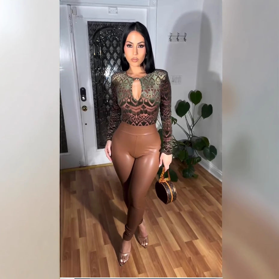 Women's round neck long sleeve sexy leopard print Top high waist slim leather pants Two Piece Set