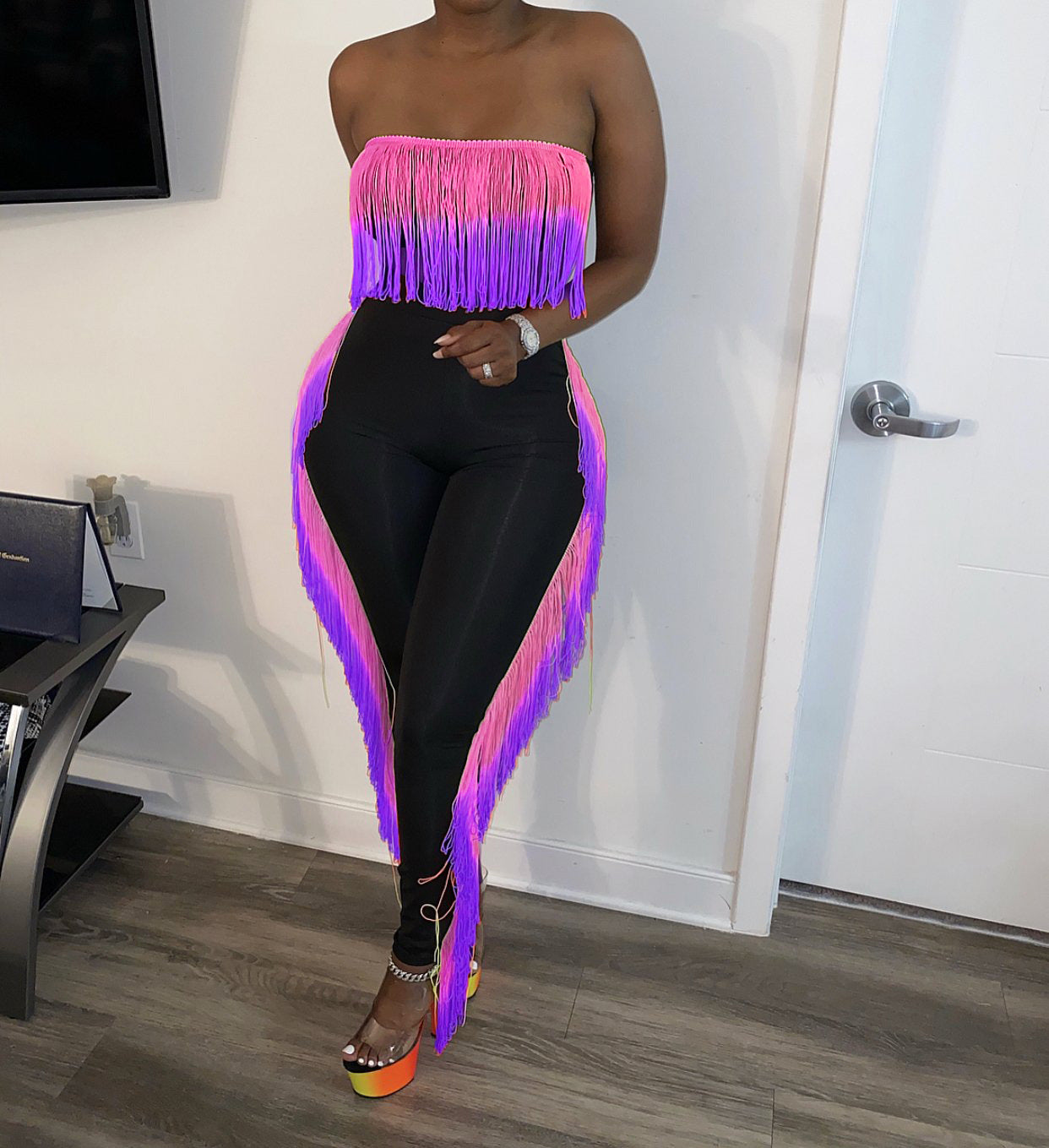 Women's Fashion Sexy Gradient Tassel Strapless Two-Piece Pants Set