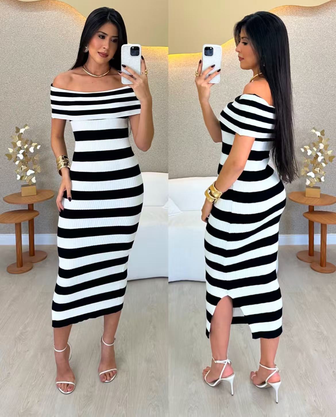 Contrast stripes women summer sexy off-shoulder knitting long dress 3
