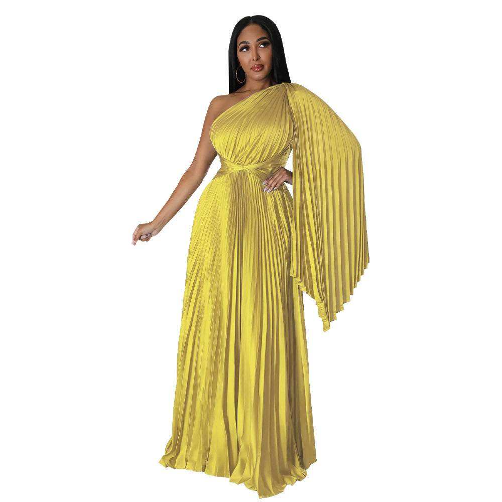 Fashion Women's One Shoulder Pleated Slash Shoulder Slim Waist Dress 6