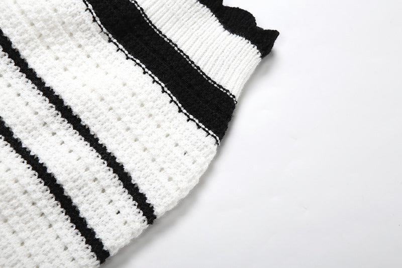 Summer Lace-Up Deep V Low Back Tops High Waist Slim Striped Skirt Two Piece Set 13