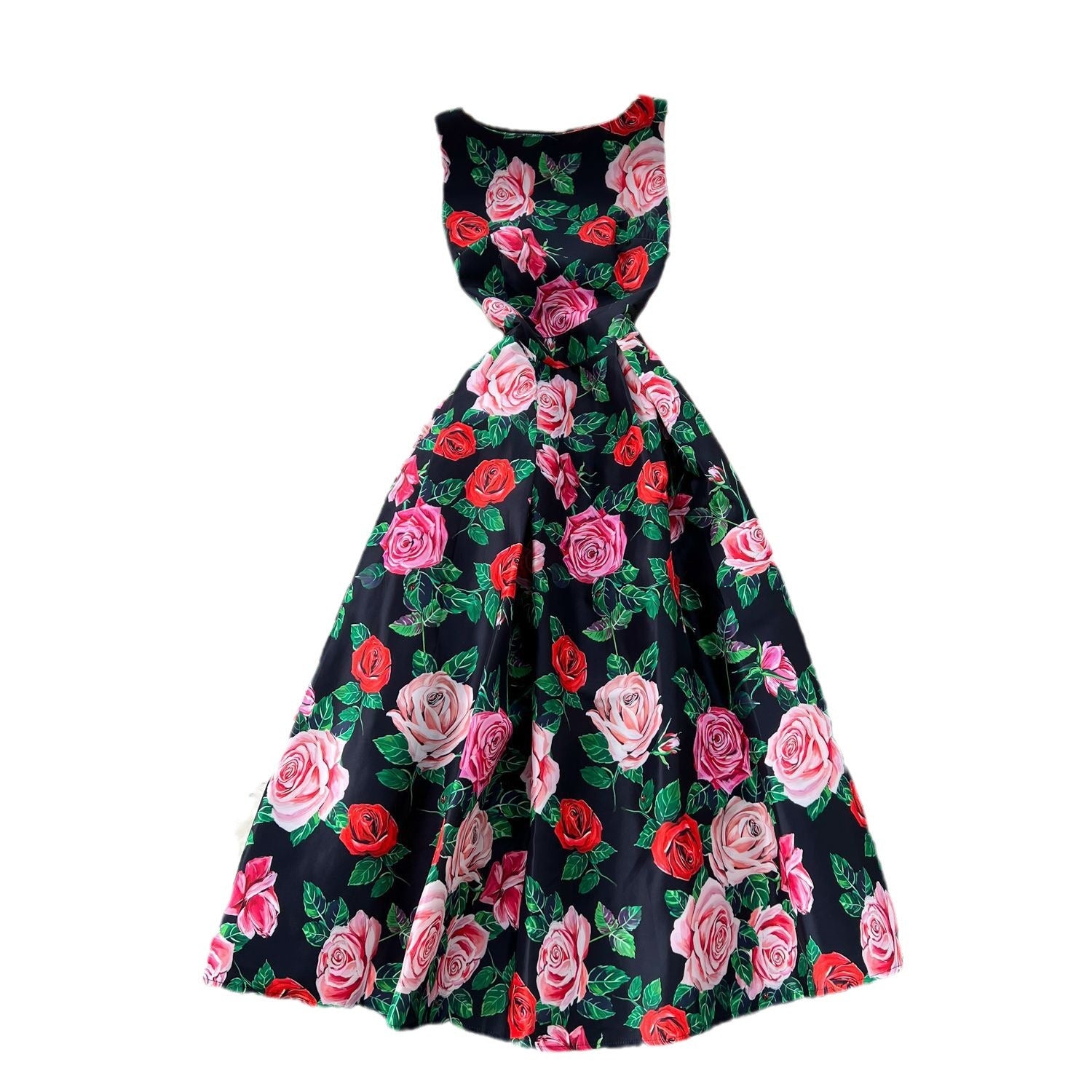 Fashion Printed Round Neck Slim Waist Pleated Flare Sleeveless Mini Dress 13