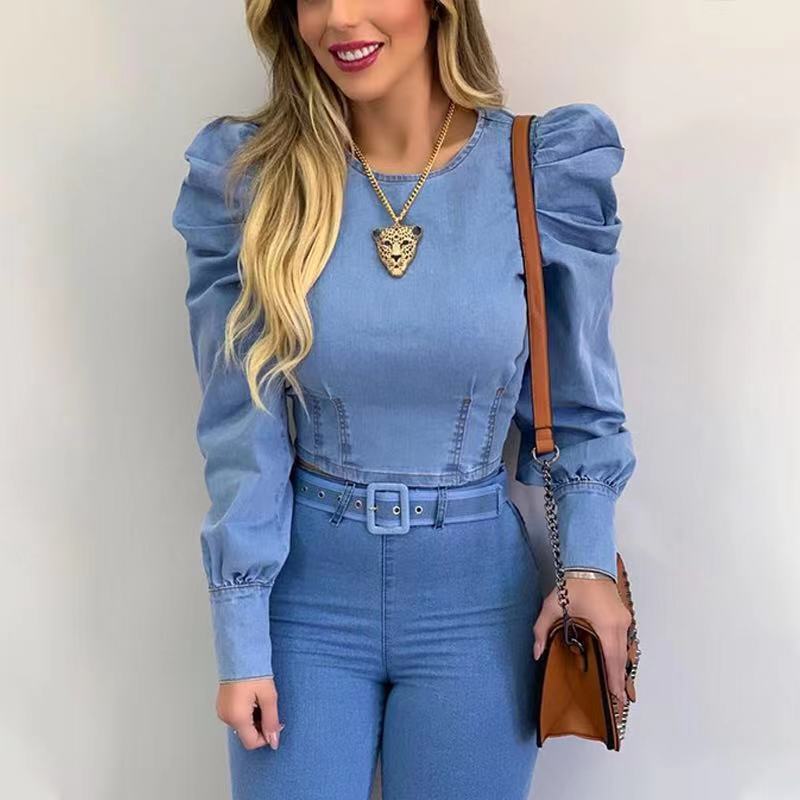 Women Denim Long Sleeve Solid Puff Sleeve Crop Shirt