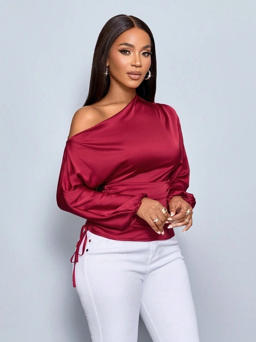 Women's Satin Shirt Asymmetric Slash Shoulder Long-Sleeve Blouse 34