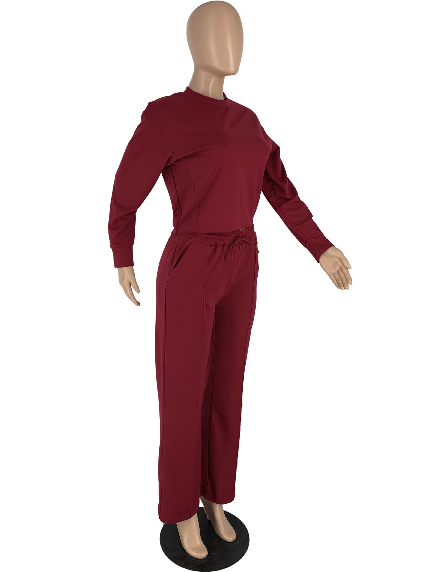Solid Color Long Sleeve Pocket Straight Pants 2 Piece Set 36