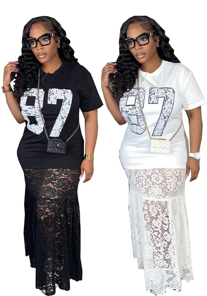 Lady's Round Neck Letter Print Lace Dress