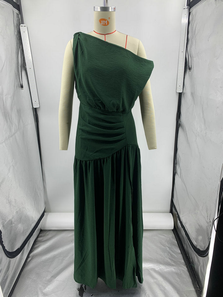 Solid Sexy Slash Shoulder Off-Shoulder Slim Waist Slit Gown Dress 25