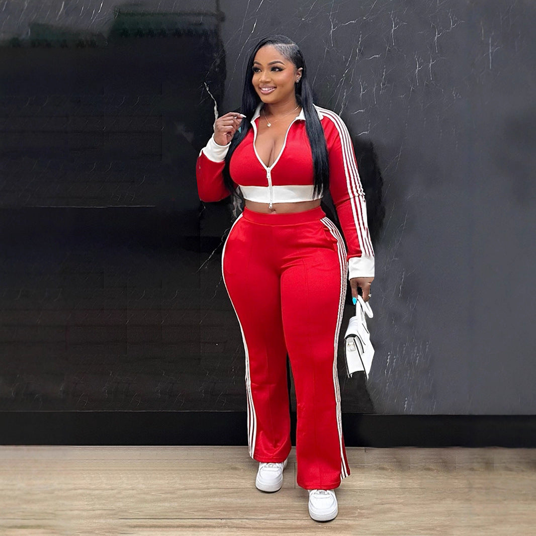 Women Casual contrast color zipper long-sleeved Crop Top and Pants two-piece set 9