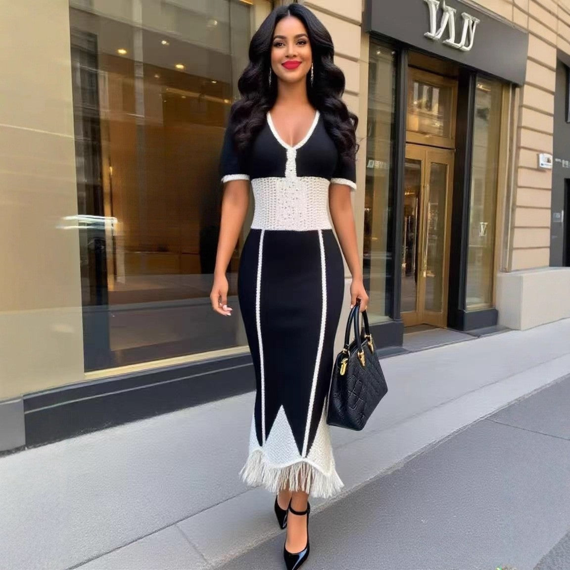 Women V-neck contrasting airy suture knitting dress