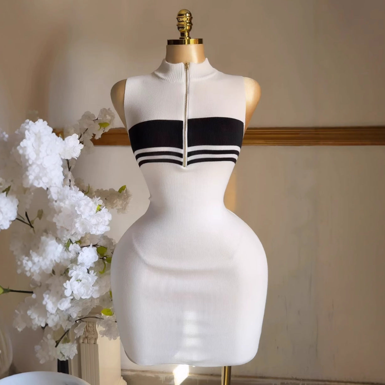 Women Polo Neck Striped Knitting Summer Sexy Bodycon Dress 4