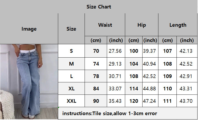 Women American Retro Non-elastic Contrast Color Wide Leg Denim Pants 11