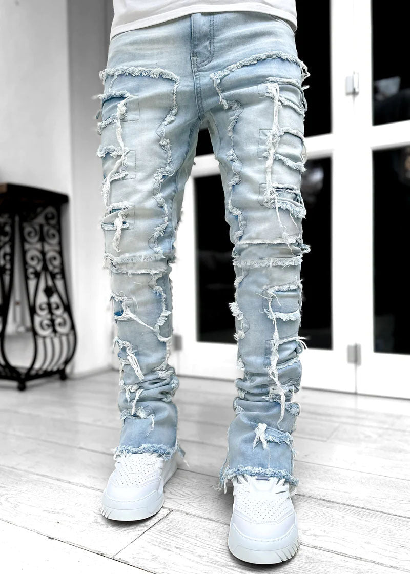 Men's Denim Straight Leg Pants Street Fashion Stretch Patch Denim Straight Leg Pants 4