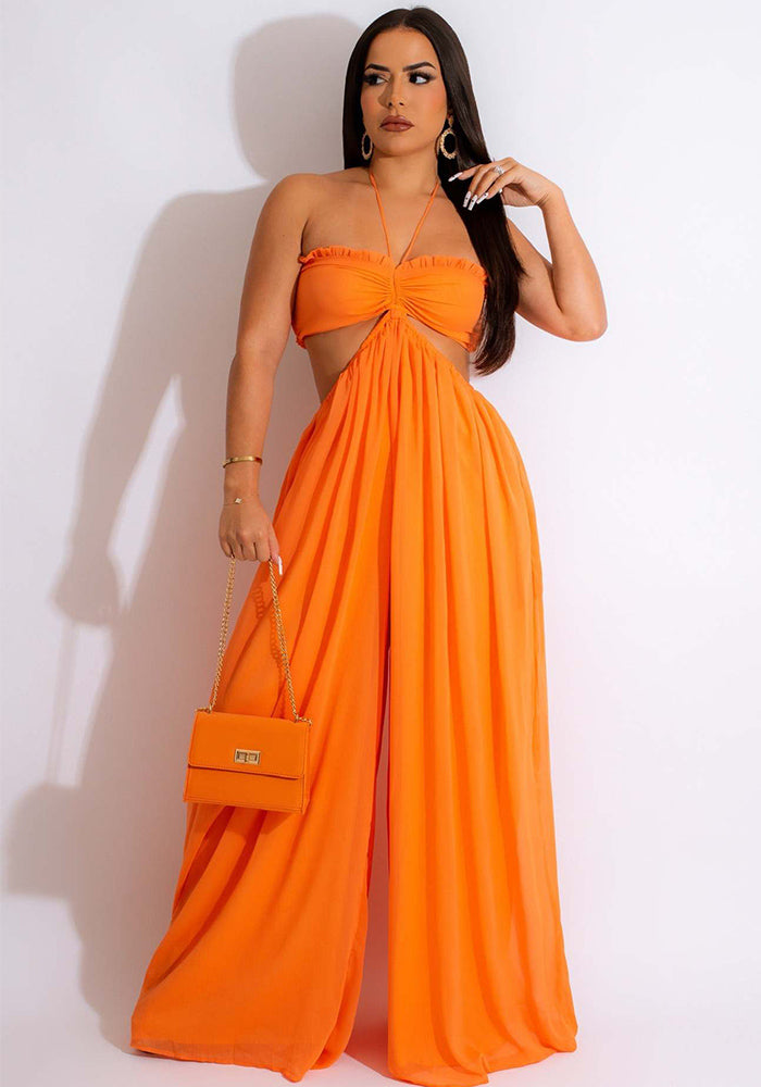 Women sexy chiffon wrap chest backless wide feet Jumpsuit
