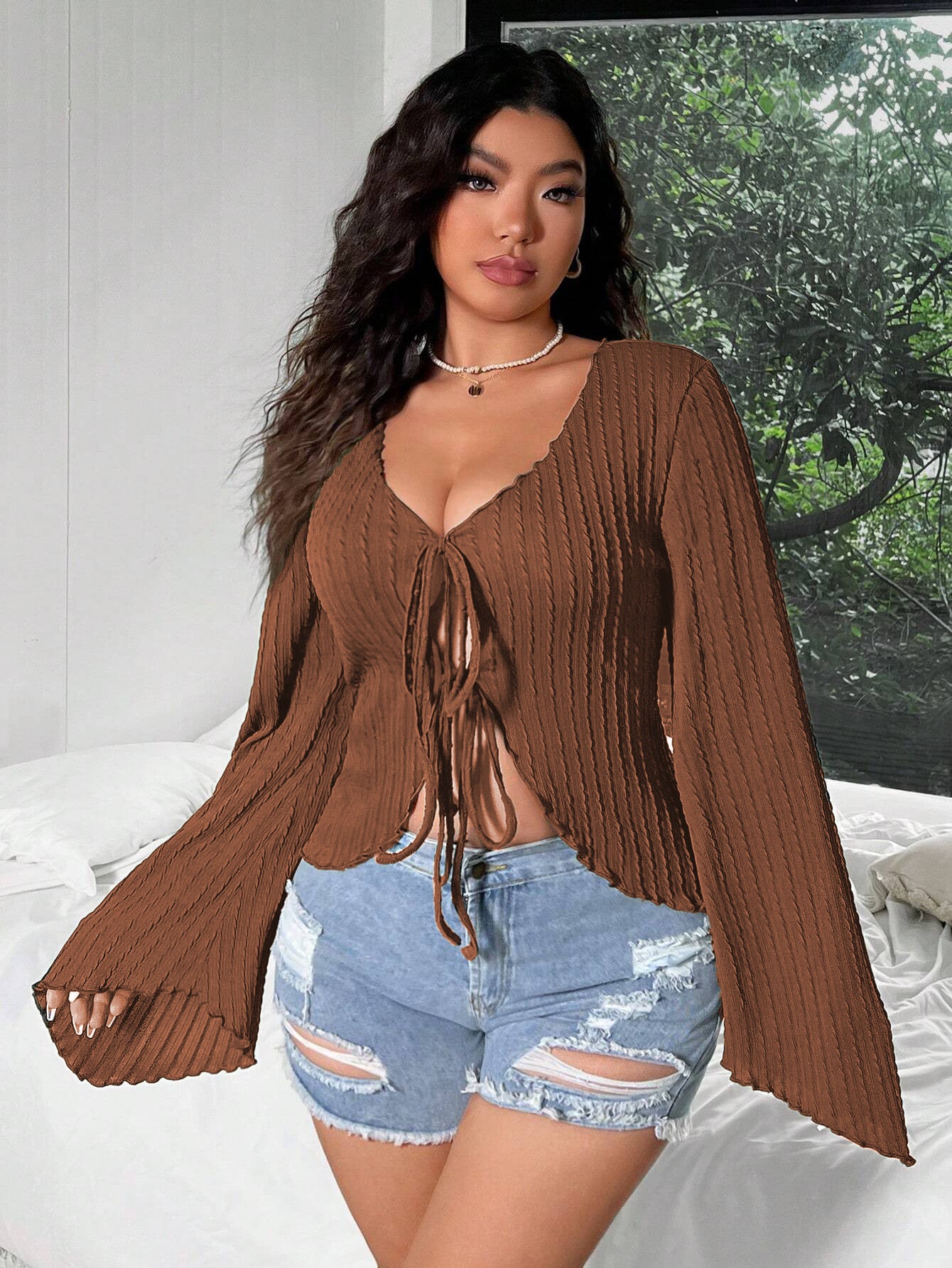 Autumn And Winter Plus Size Women's Sexy V-Neck Bell Bottom Sleeve Slim Lace-Up V-Neck Top 6