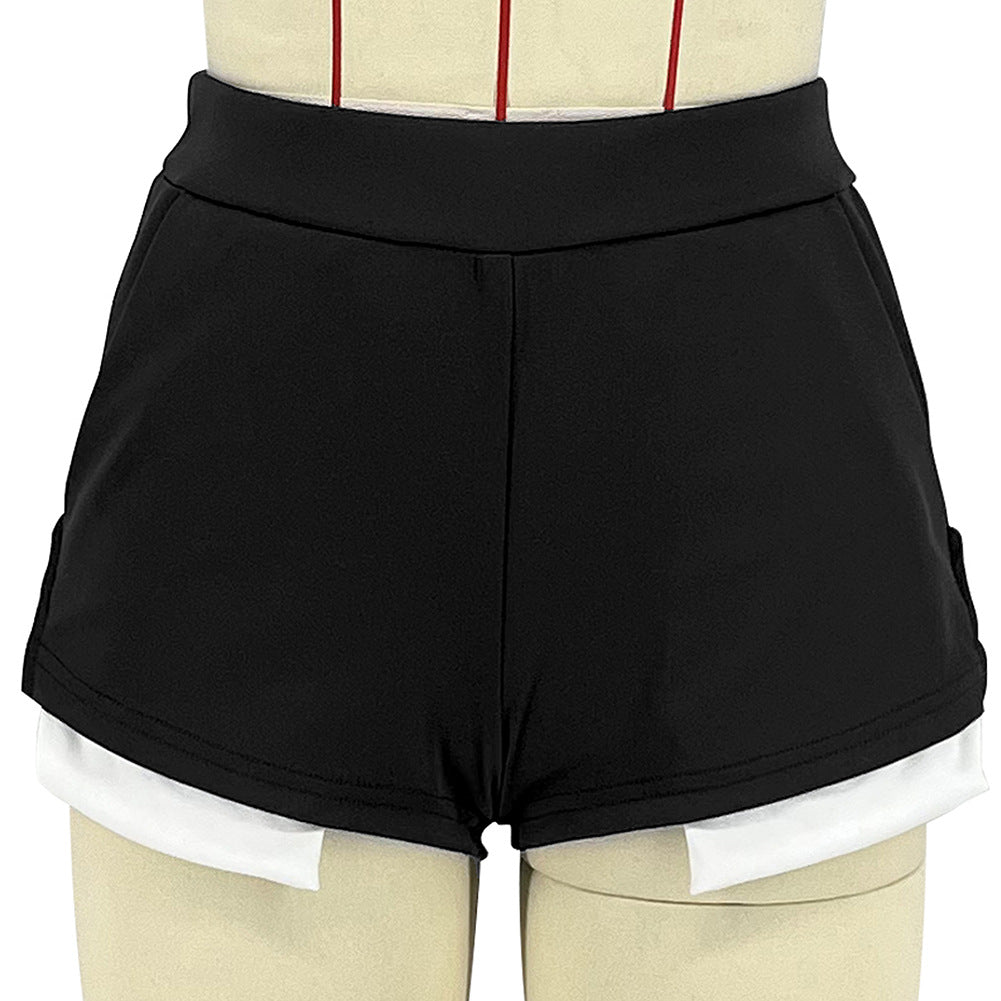 Women's Summer Solid Color One Shoulder Sexy Casual Sport Shorts Set 17