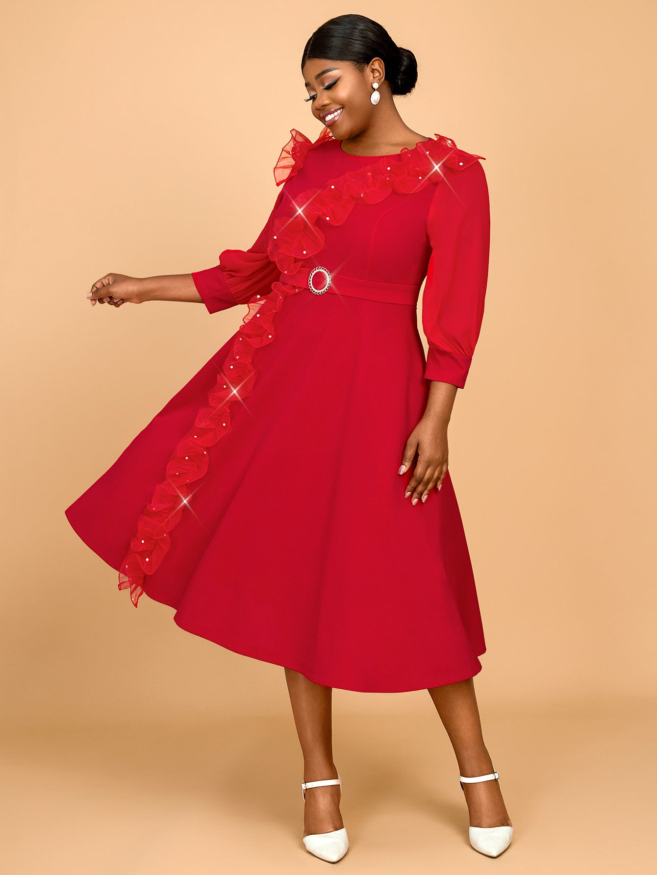 Women African Party Lantern Sleeve Ruffle Edge Beaded Dress 4