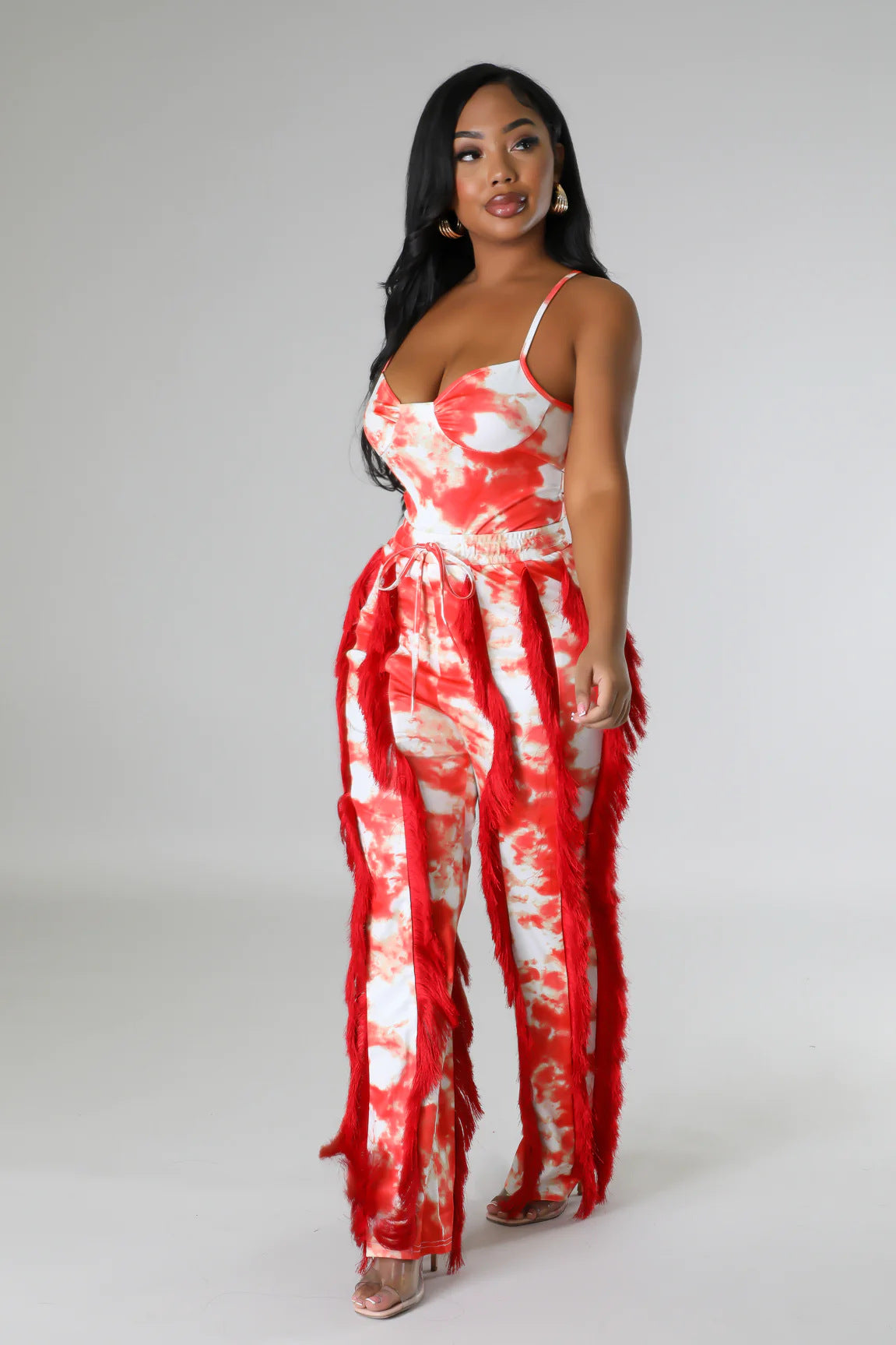 Women's Two-piece Pants V-Neck One-Piece bodysuit Top Sexy Tie-Dye Tassel Trousers Set 11