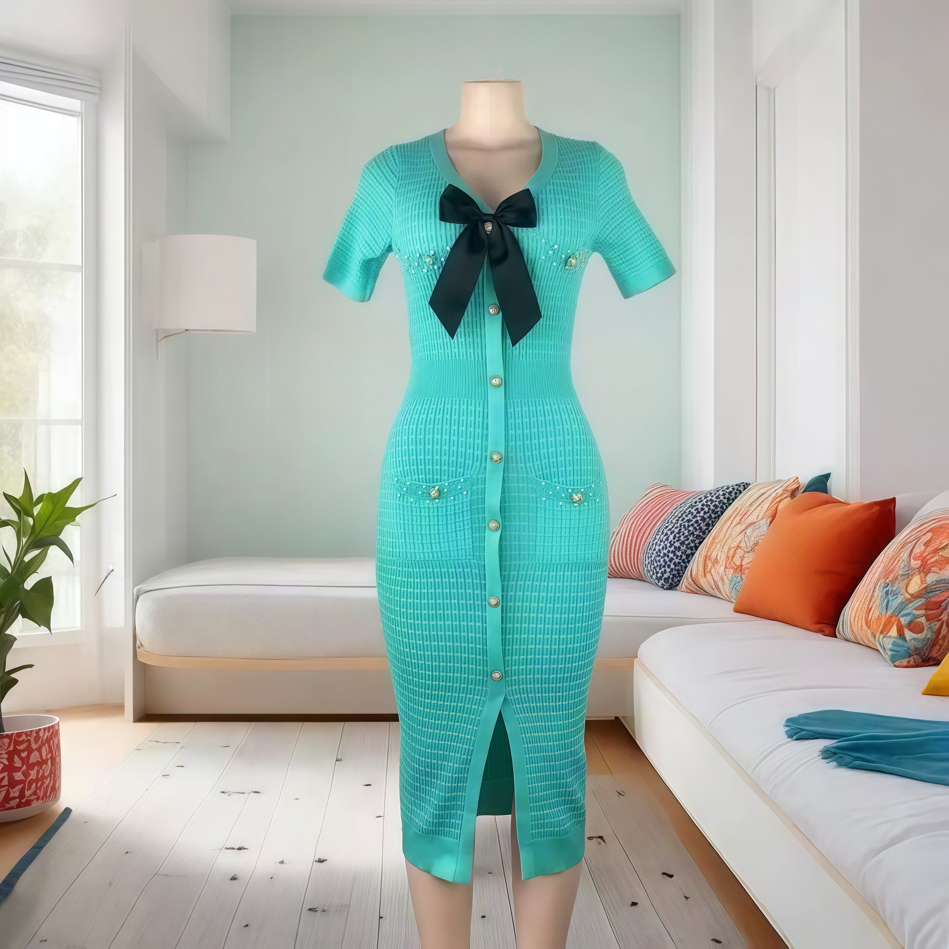 Women French V Neck Bow Short Sleeve Beaded Button Knitting Slit Dress 10