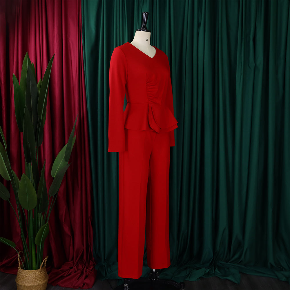 Autumn And Winter Fashion Ol Ruffled V-Neck Top And Pants Two-Piece Set 16