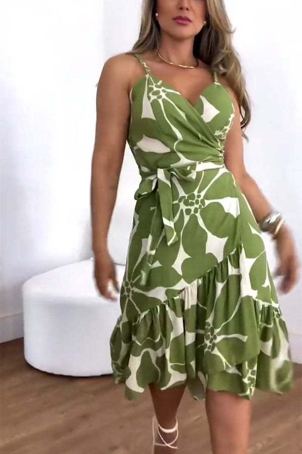 Women Summer Elegant Cross Neck Belt Floral Print Dress