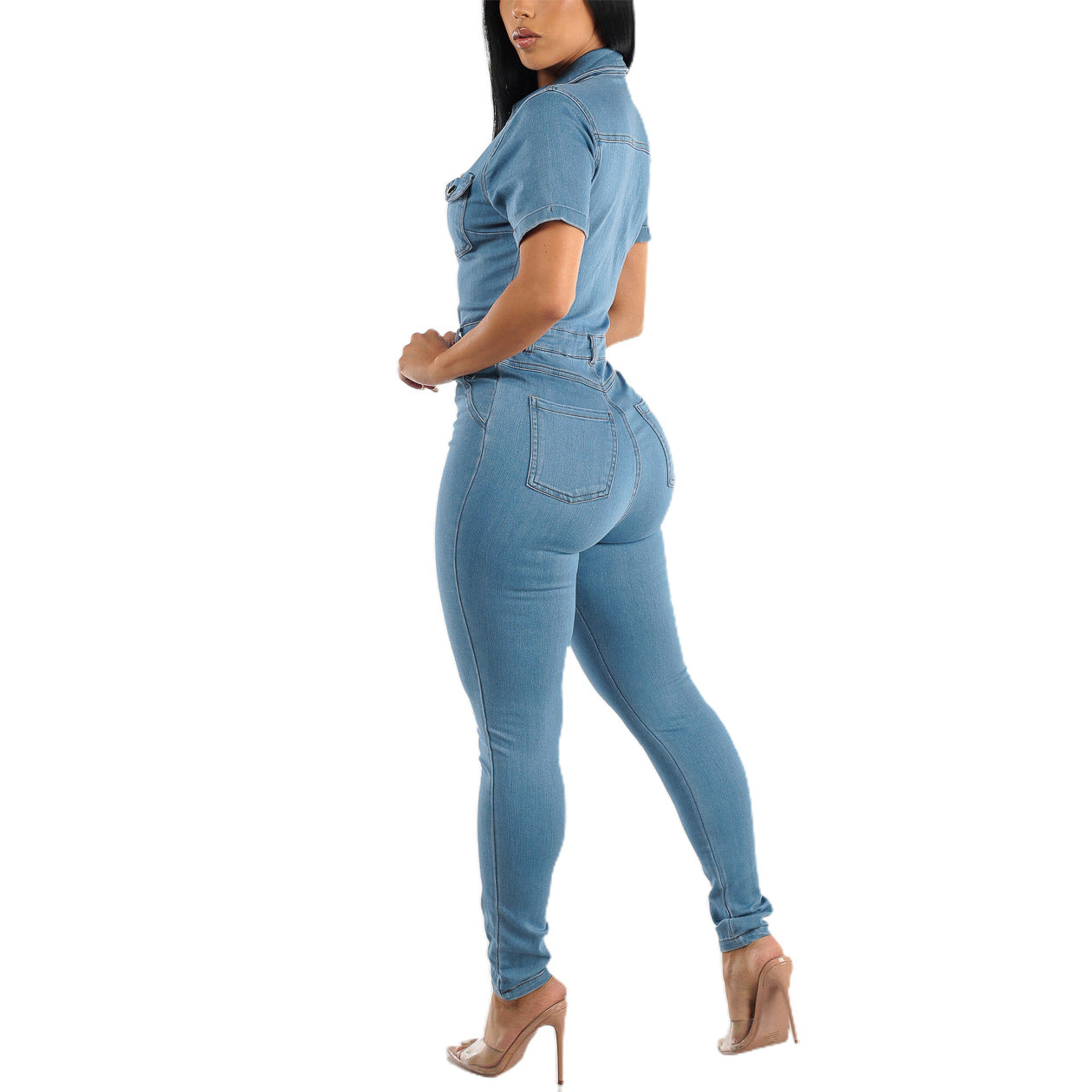 Women Short Sleeve Button Denim Jumpsuit 5