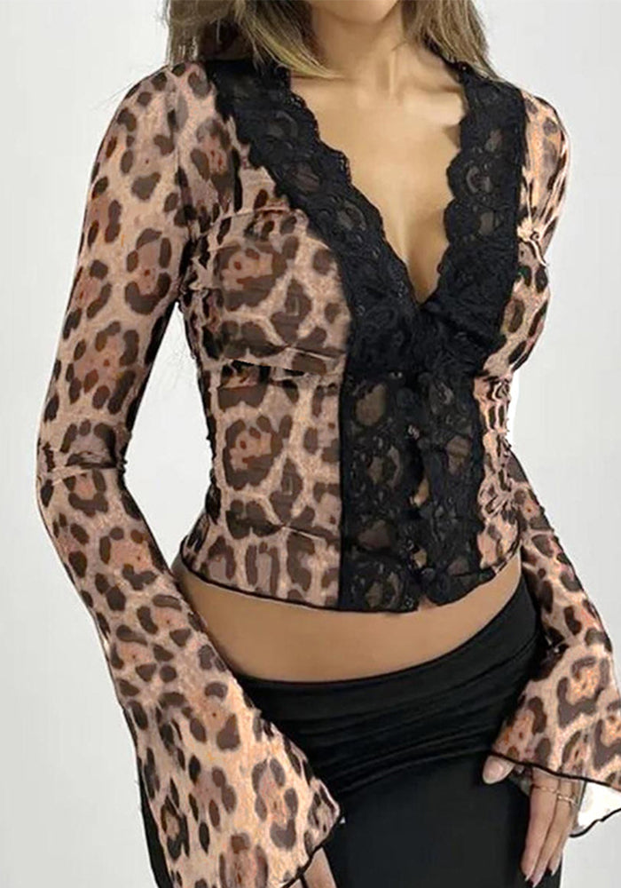 Women Leopard Lace Hollow Lace Sexy V-Neck T-Shirt Top