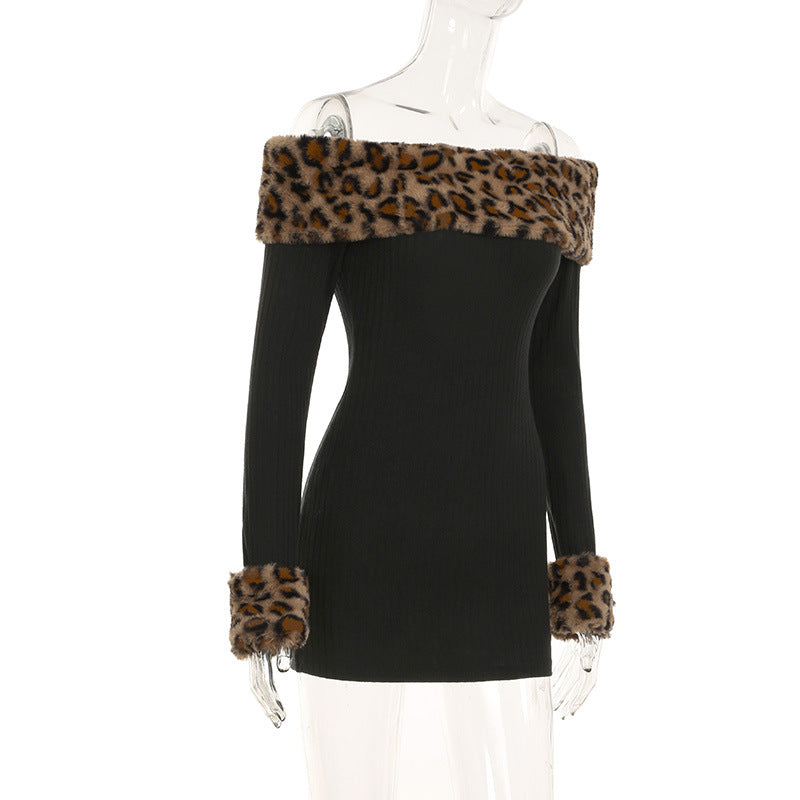 Spring and Autumn Women's Clothing Sexy Leopard Off Shoulder Slim Waist Long Sleeve Bodycon Dress 7
