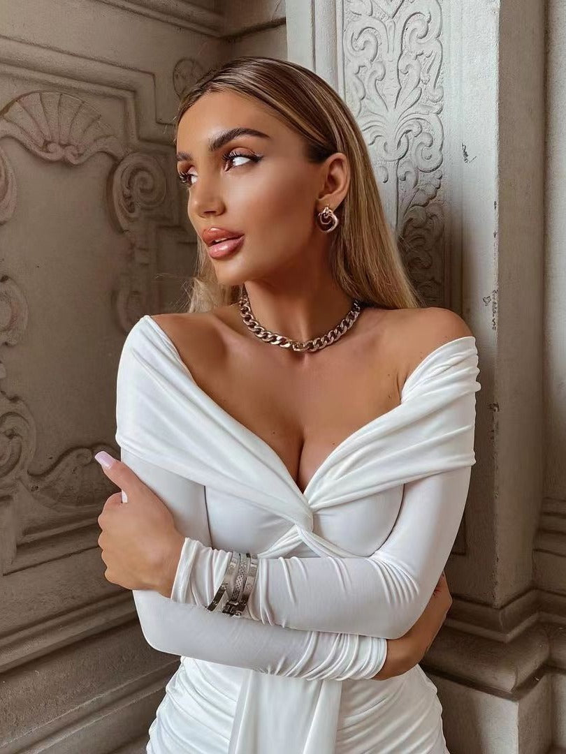 Spring Women's Long-Sleeved Sexy V-Neck Off-The-Shoulder Pleated Dress