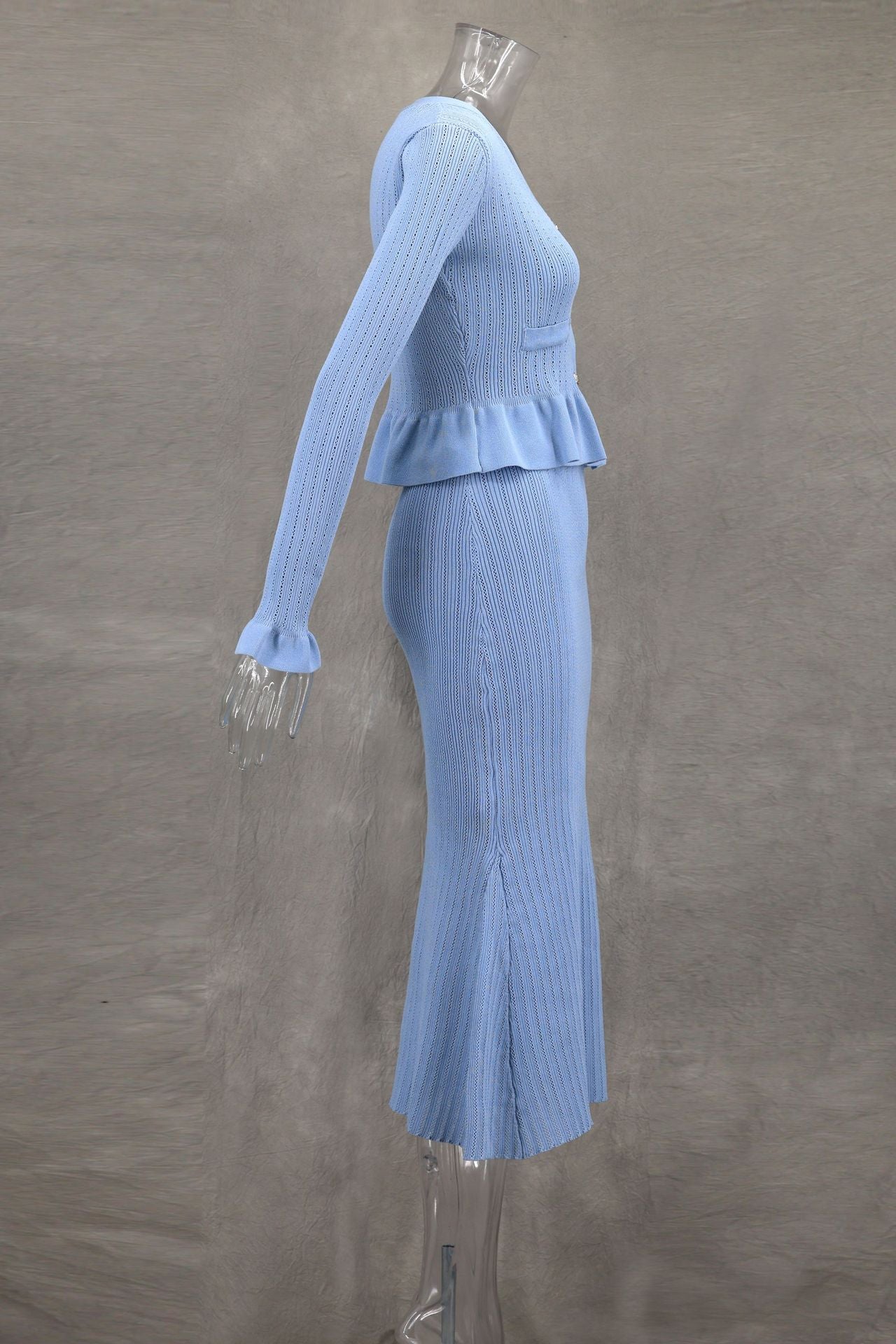 Autumn Winter Elegant Ruffled V-Neck Bodycon Fishtail Skirt Set 18