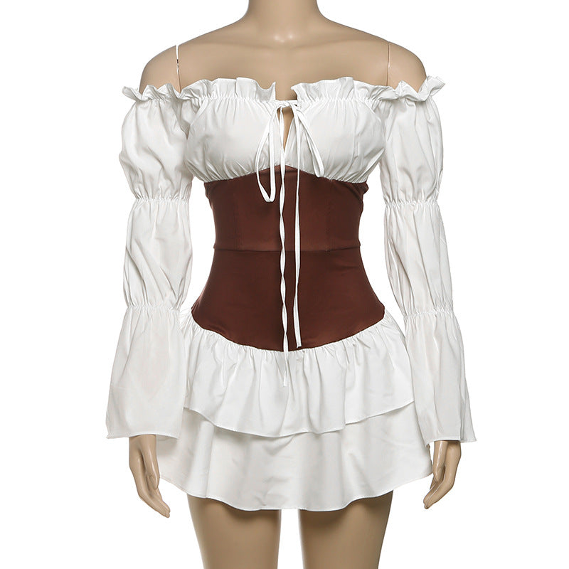 Autumn Women's Sexy Color Block Off Shoulder Puff Sleeve Slim Waist Casual Dress 7