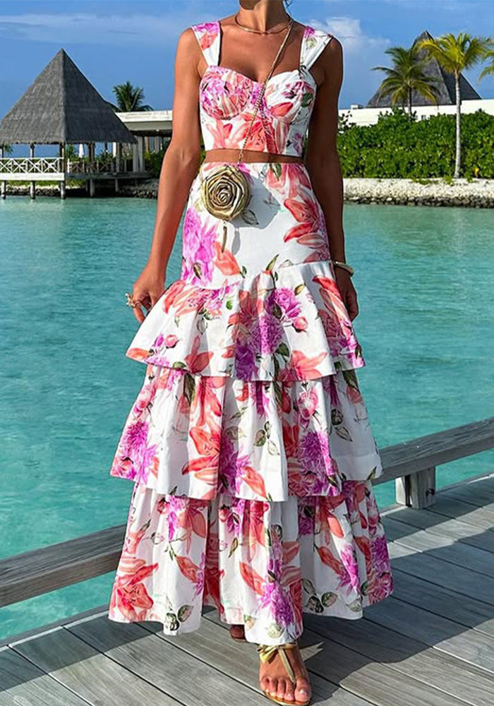 Women Spring Summer printed Top and skirt Two Piece Set