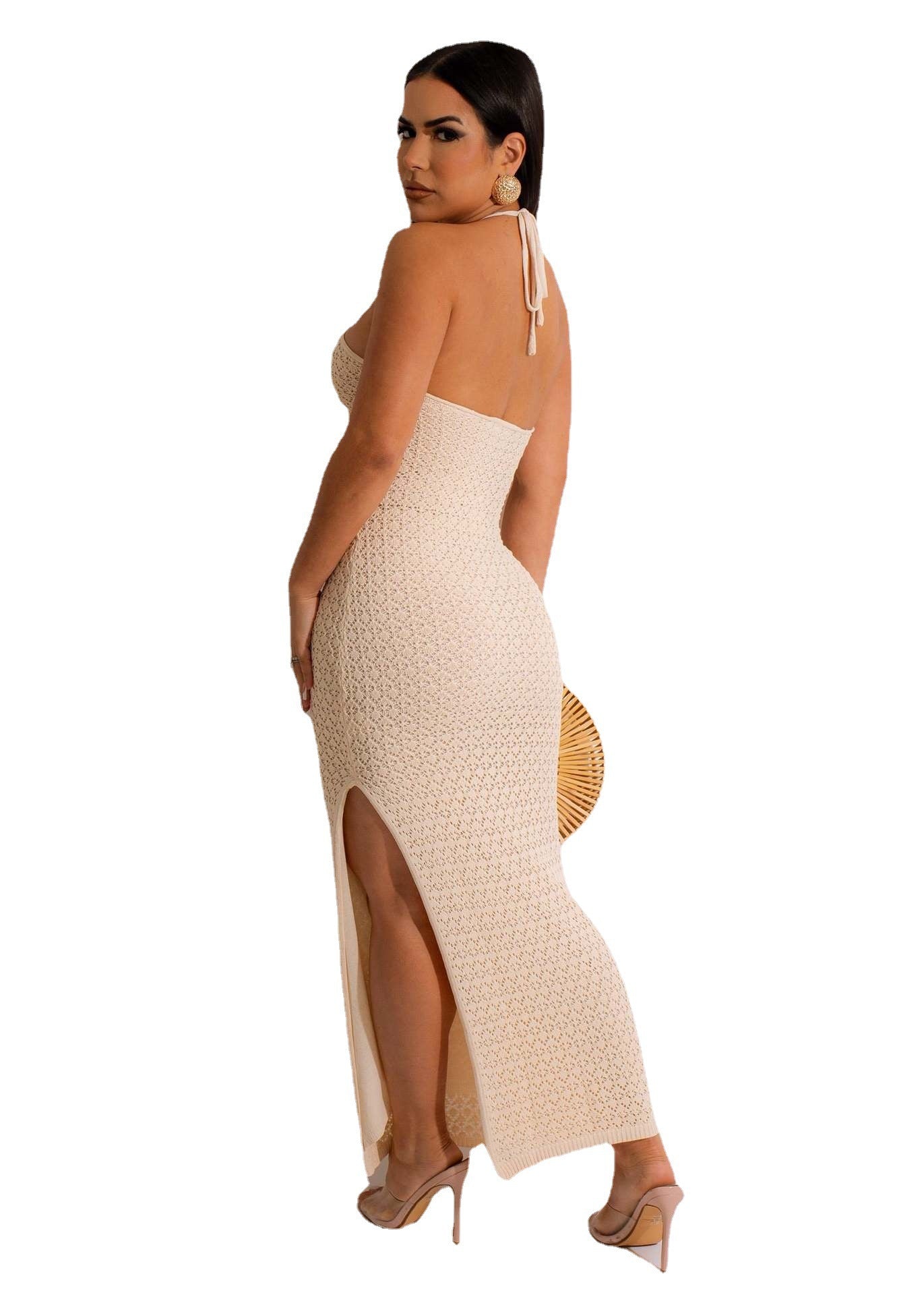Sleeveless Chic Slit Knitting Dress Women's Cutout Halter Neck Strap Sexy Low Back Cheongsam 8