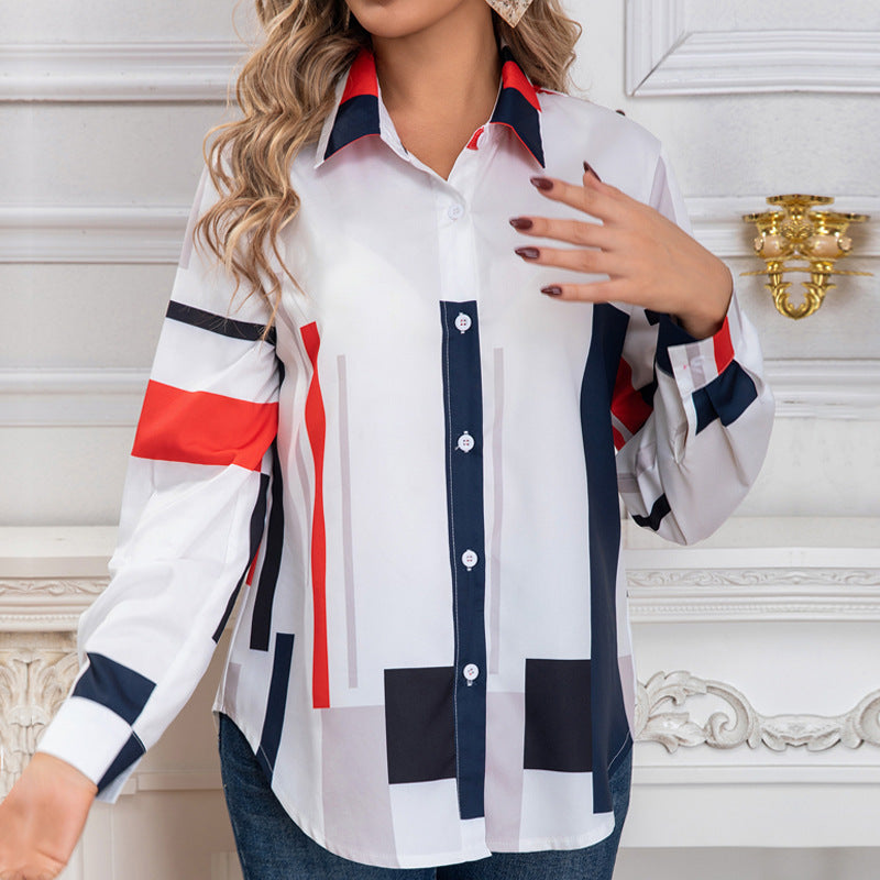 Women Contrast Color Block Long Sleeve Shirt 5