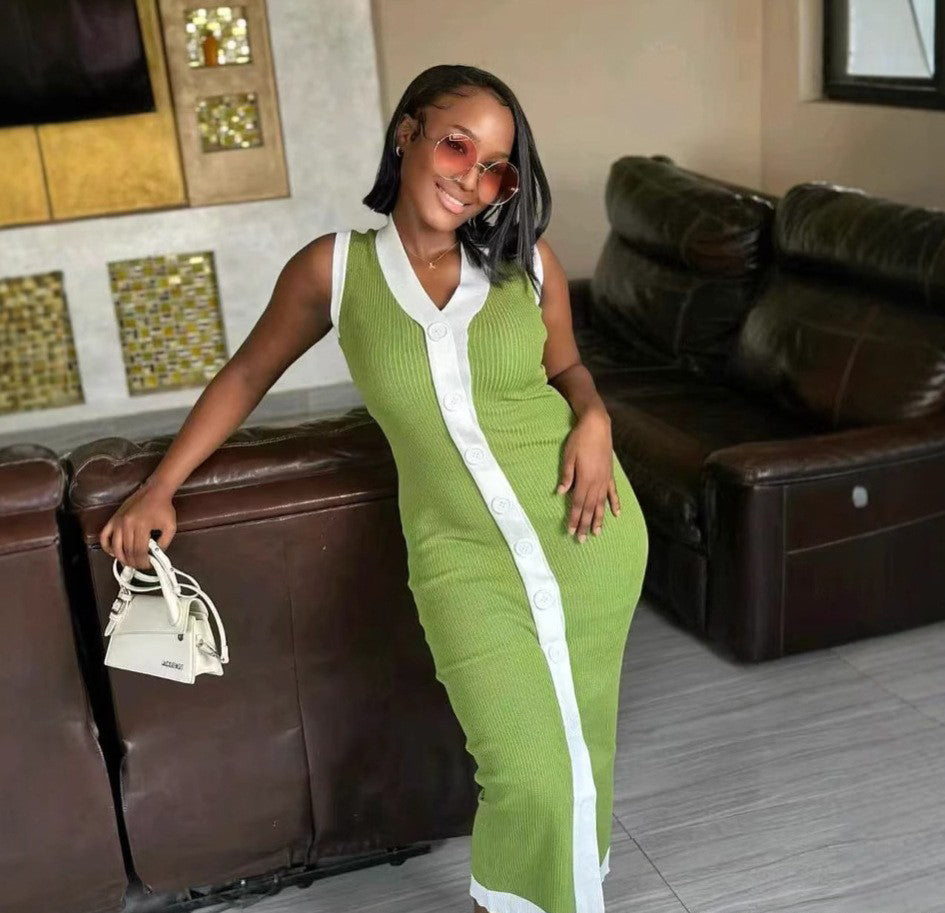 Women contrast Ribbed Single-breasted v-neck sleeveless knitting dress 10