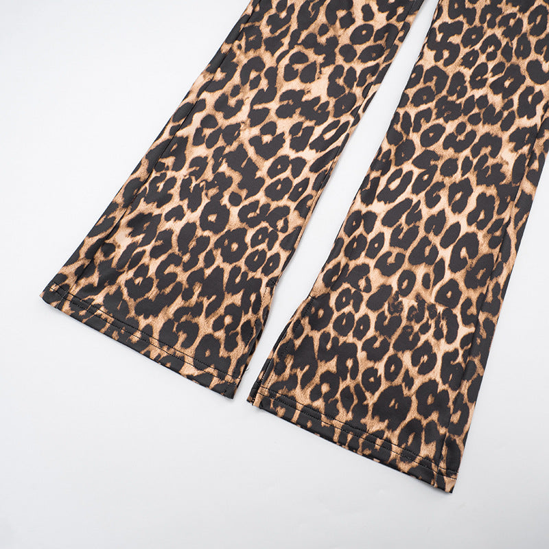 Women's Autumn Winter Leopard Print Off Shoulder Deep V-Neck Finger Sleeve High Waist Pants Set 20