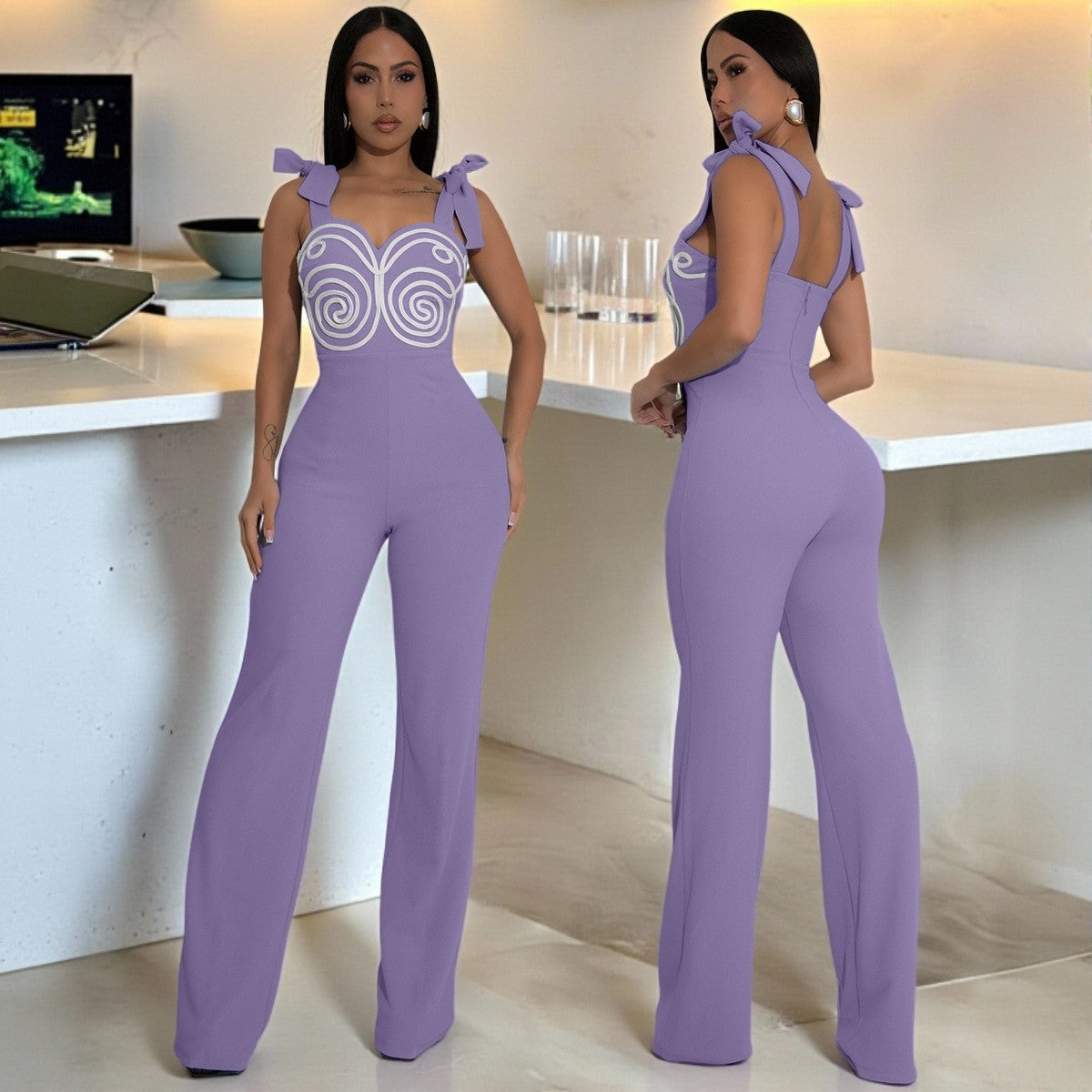 Women Party Geometric Ribbon Embroidered Jumpsuit 4