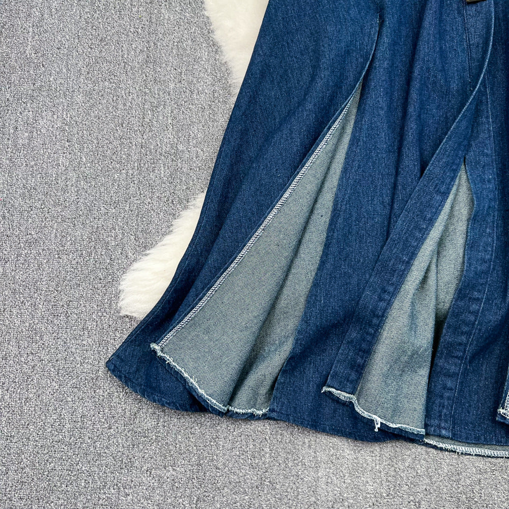 Women Vintage Turndown Collar Cut Out Sleeveless Denim Dress 21