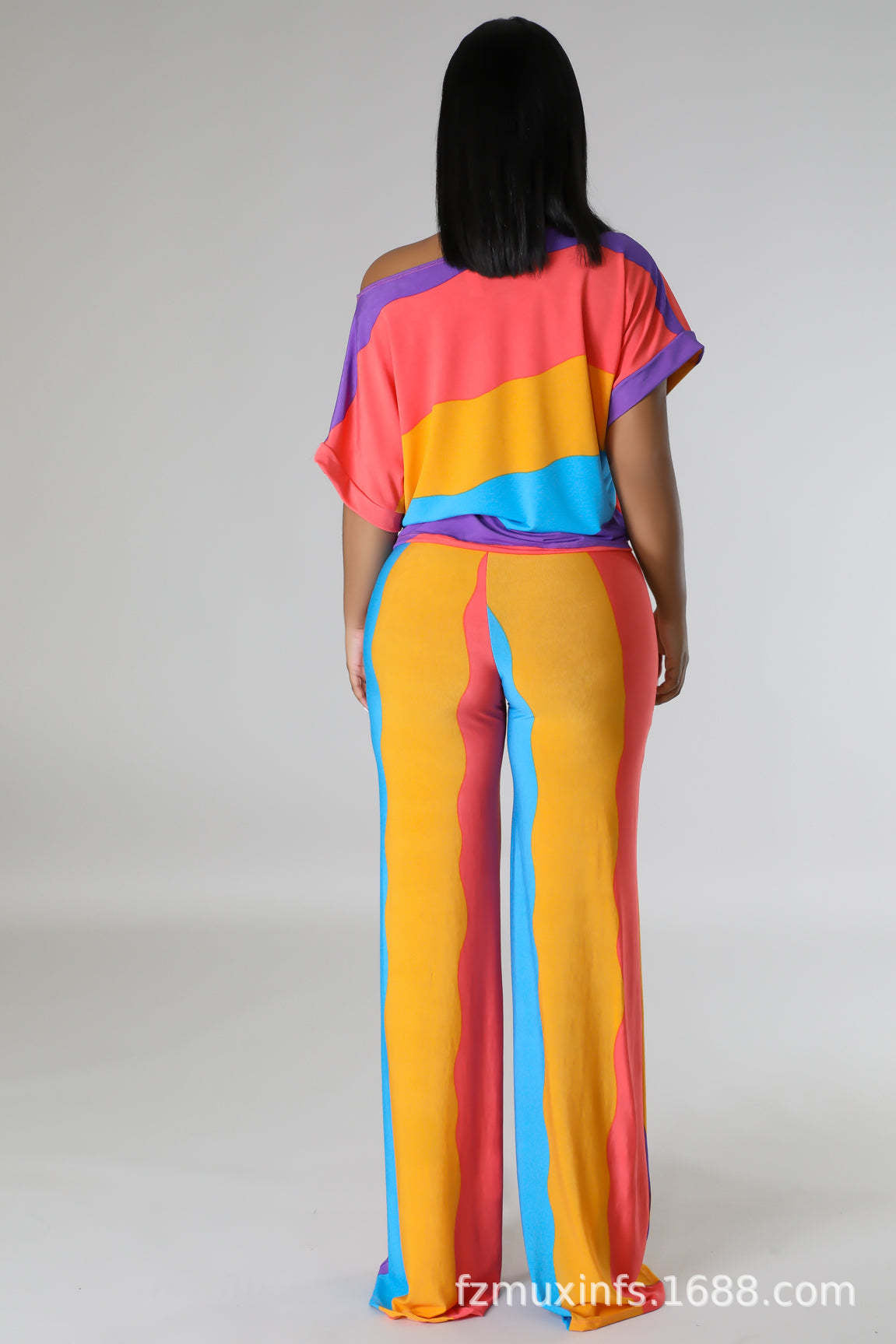 Stripe Printed Short Sleeve Loose Casual Two-Piece Pants Set 4