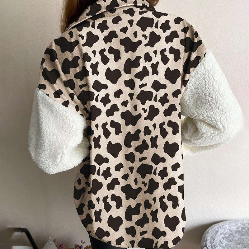 Women Turndown Collar Leopard Plaid Print Furry Patchwork Contrast Warm Long Sleeve Shirt 40