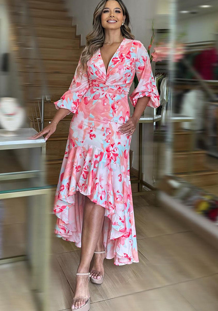 Women V-Neck Bubble Long Sleeve Irregular Ruffle Dress