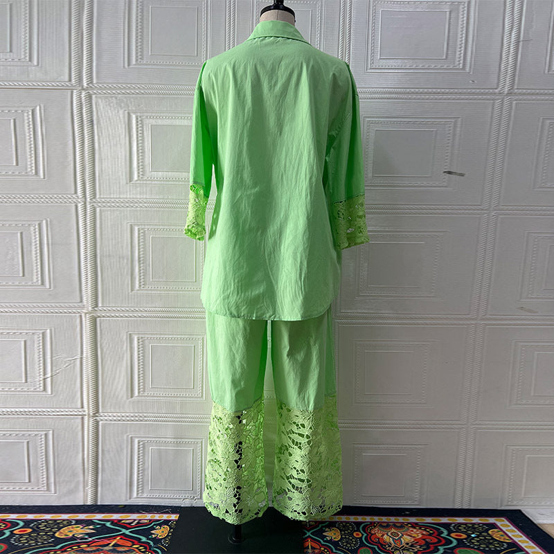 Women Spring Long-Sleeved Shirt and Patchwork Lace Pant Two-Piece Set 6
