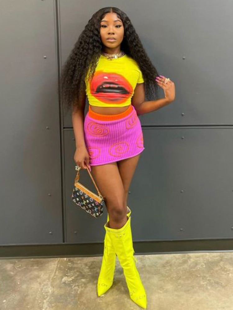 Summer Sexy Tight Fitting Modern Mouth Print Skirt Set 3