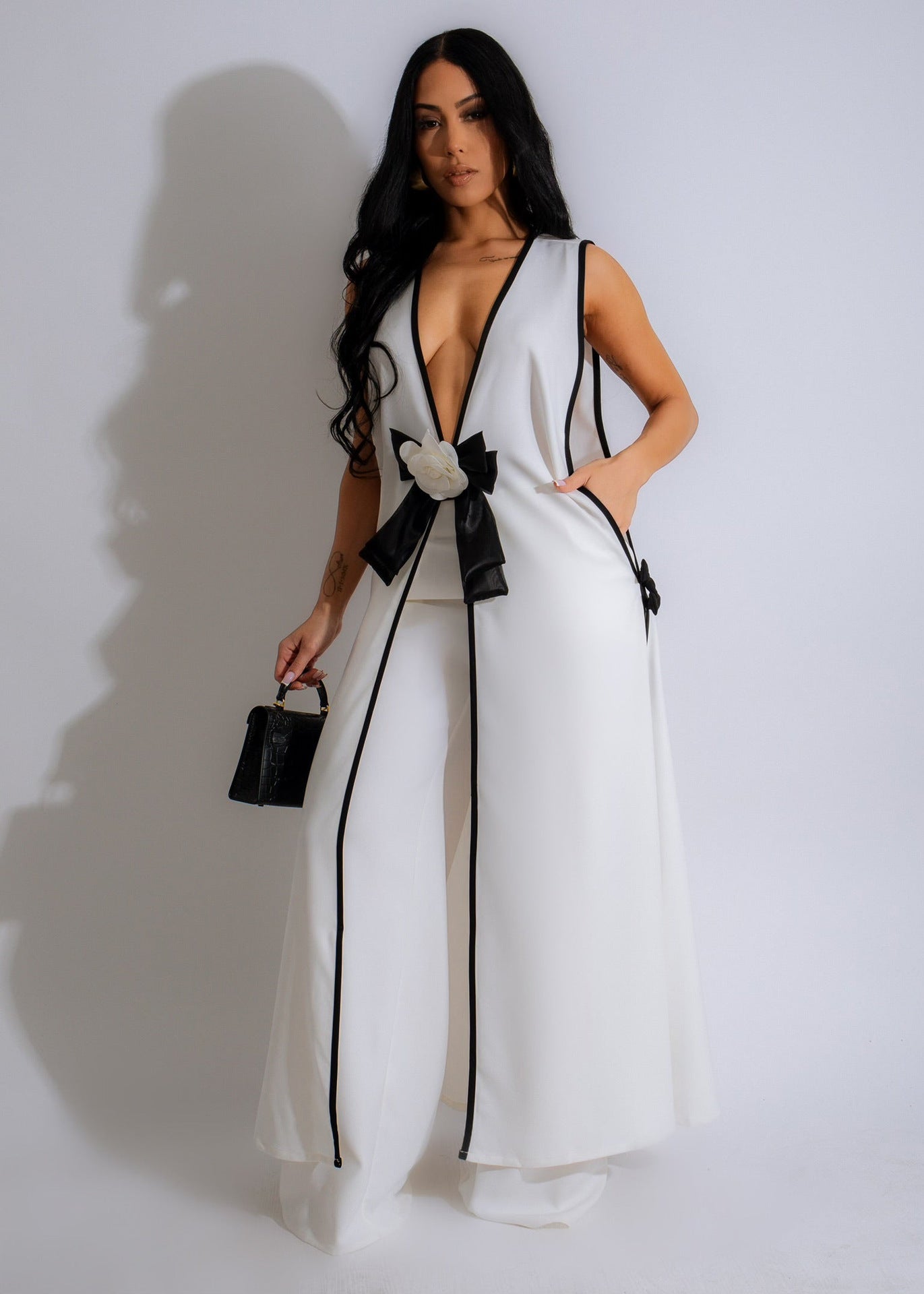 Women Sexy bow sleeveless dress and wide leg pants two-piece set 8