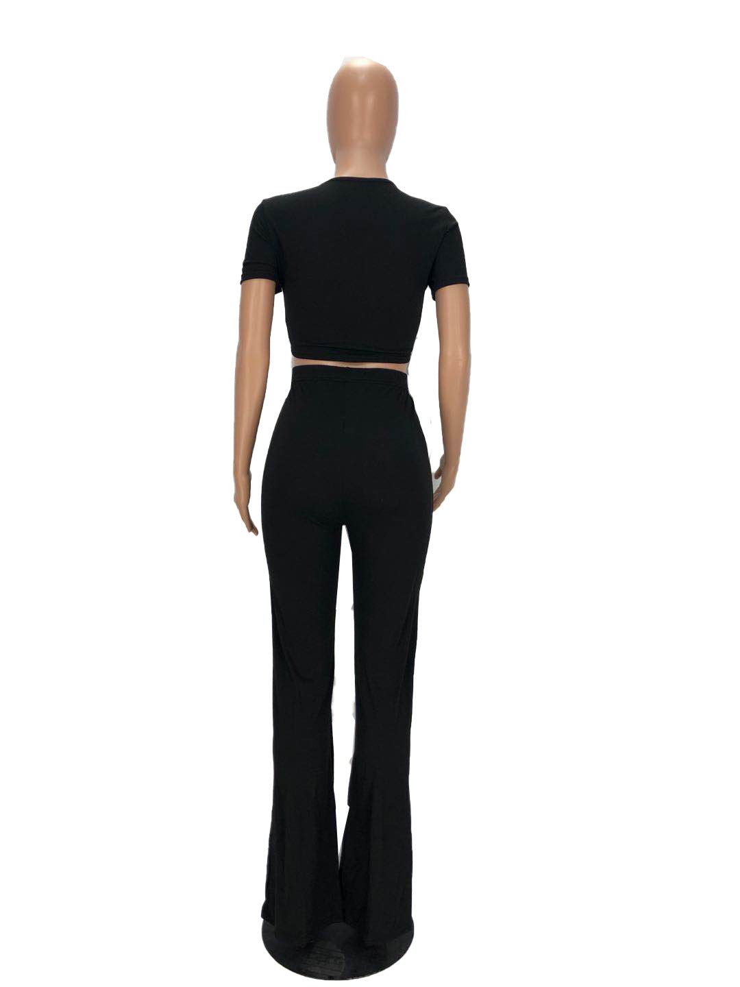 WomenPleat Short Sleeve Crop Top and Bell Bottom Pant Two-Piece Set 20