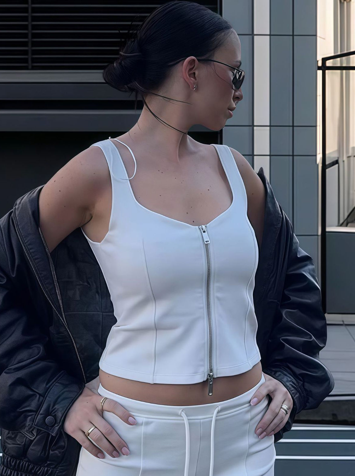 Women zippered vest top with drawstring and shorts two-piece set 3